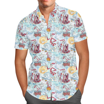 Men's Button Down Short Sleeve Shirt - Santa Jack with Sally & Zero