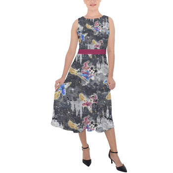 Belted Chiffon Midi Dress - Watercolor Halloween Mickey & Minnie