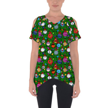 Cold Shoulder Tunic Top - Disney Christmas Baubles on Green