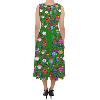 Belted Chiffon Midi Dress - Disney Christmas Baubles on Green