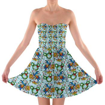 Sweetheart Strapless Skater Dress - Donald Duck & the Christmas Lights