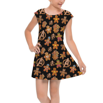 Girls Cap Sleeve Pleated Dress - Superhero Gingerbread Cookies