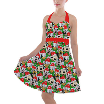 Halter Vintage Style Dress - Mickey & Friends Santa Hats