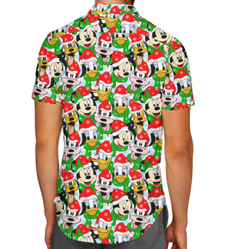 Men's Button Down Short Sleeve Shirt - Mickey & Friends Santa Hats