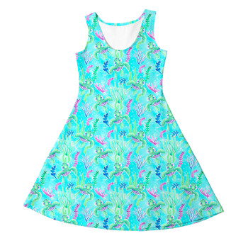 Girls Sleeveless Dress - Neon Floral Baby Turtle Squirt