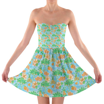 Sweetheart Strapless Skater Dress - Neon Floral Tangerine Goofy & Pluto