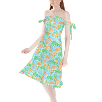 Strapless Bardot Midi Dress - Neon Floral Tangerine Goofy & Pluto