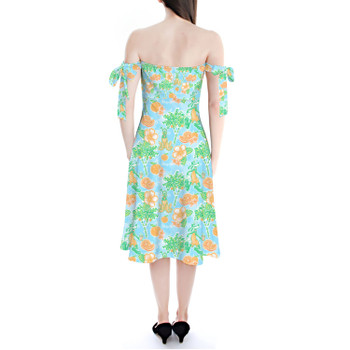 Strapless Bardot Midi Dress - Neon Floral Tangerine Goofy & Pluto