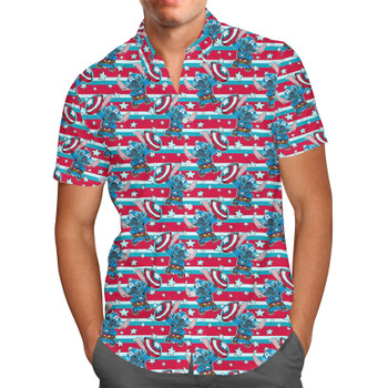 Men's Button Down Short Sleeve Shirt - Superhero Stitch - Captain America