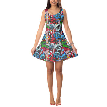 Sleeveless Flared Dress - Superhero Stitch - All Heroes Stacked