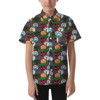 Kids' Button Down Short Sleeve Shirt - Superhero Stitch - Superhero Badges