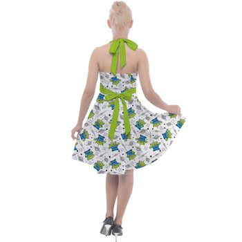 Halter Vintage Style Dress - Little Green Aliens on White