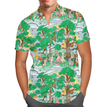 Men's Button Down Short Sleeve Shirt - Sketched Pooh Parade