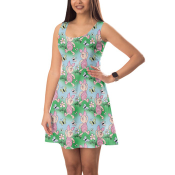Sleeveless Flared Dress - Sketched Piglet and Butterflies