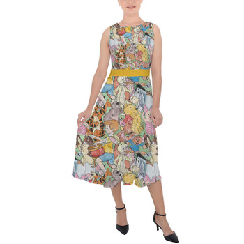 Belted Chiffon Midi Dress - Sketched Pooh Characters