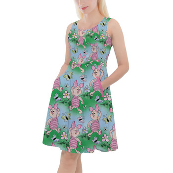 Skater Dress with Pockets - Sketched Piglet and Butterflies