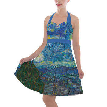 Halter Vintage Style Dress - S- Van Gogh Starry Night- READY TO SHIP