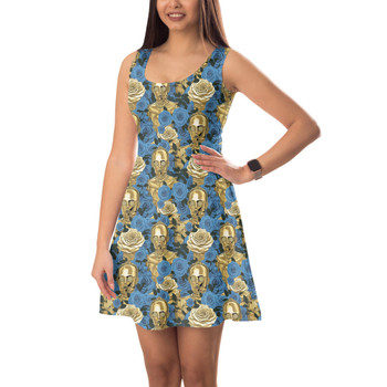 Sleeveless Flared Dress - Retro Floral C3PO Droid