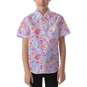 Kids' Button Down Short Sleeve Shirt - Neon Rainbow Stitch