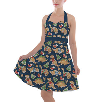 Halter Vintage Style Dress - Gingerbread Cookie Christmas Dinosaurs