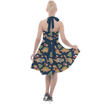 Halter Vintage Style Dress - Gingerbread Cookie Christmas Dinosaurs