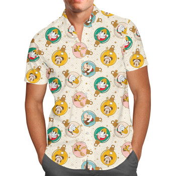 Men's Button Down Short Sleeve Shirt - Gold Mickey and Friends Christmas Baubles