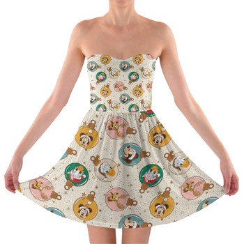Sweetheart Strapless Skater Dress - Gold Mickey and Friends Christmas Baubles