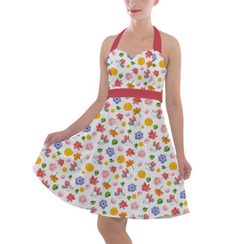 Halter Vintage Style Dress - White Floral Mickey & Minnie