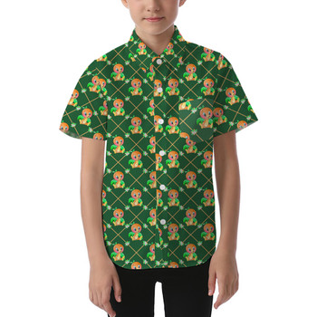 Kids' Button Down Short Sleeve Shirt - Geometric Orange Bird
