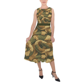 Belted Chiffon Midi Dress - Animal Print - Snake
