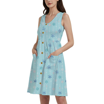 Button Front Pocket Dress - Frozen Ice Queen Snow Flakes