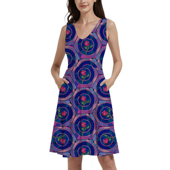 V-Neck Pocket Skater Dress - Stained Glass Rose Belle Princess Inspired