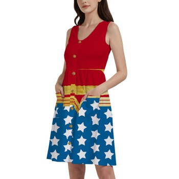 Button Front Pocket Dress - Wonder Woman Super Hero Inspired