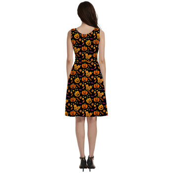 V-Neck Pocket Skater Dress - Halloween Mickey Pumpkins