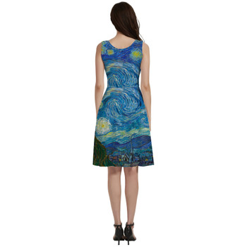 V-Neck Pocket Skater Dress - Van Gogh Starry Night