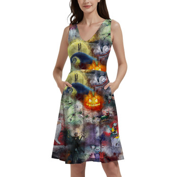 V-Neck Pocket Skater Dress - Watercolor Nightmare Before Christmas