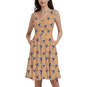 V-Neck Pocket Skater Dress - Tropical Stitch