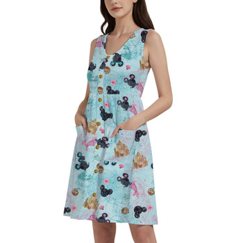 Button Front Pocket Dress - Watercolor Minnie Mermaids