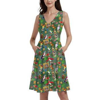 V-Neck Pocket Skater Dress - Orange Bird & Tiki Friends