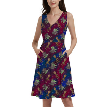 V-Neck Pocket Skater Dress - Groot & Grogu