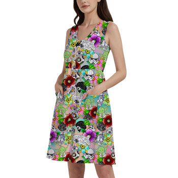 Button Front Pocket Dress - Sketched Floral Star Wars