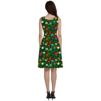 V-Neck Pocket Skater Dress - Disney Christmas Baubles on Green