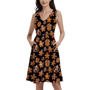 V-Neck Pocket Skater Dress - Superhero Gingerbread Cookies