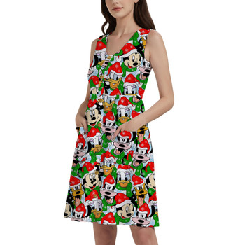 Button Front Pocket Dress - Mickey & Friends Santa Hats