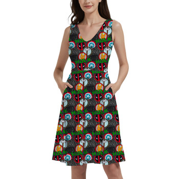 V-Neck Pocket Skater Dress - Superhero Stitch - Superhero Badges