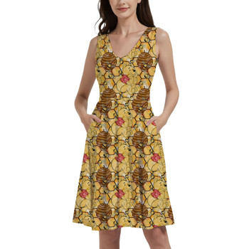 V-Neck Pocket Skater Dress - Sketched Pooh in the Honey Tree