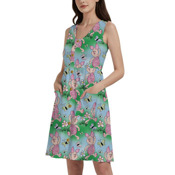 Button Front Pocket Dress - Sketched Piglet and Butterflies