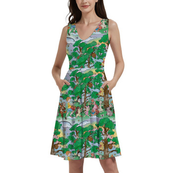 V-Neck Pocket Skater Dress - Sketched Pooh Parade