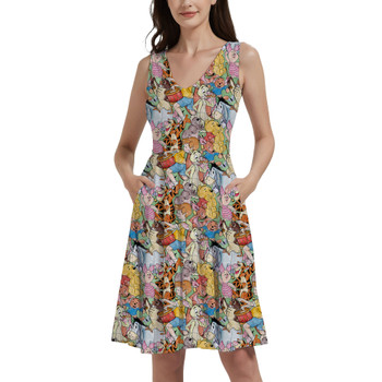 V-Neck Pocket Skater Dress - Sketched Pooh Characters