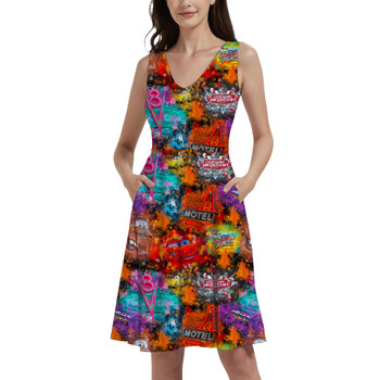 V-Neck Pocket Skater Dress - Watercolor Pixar Cars